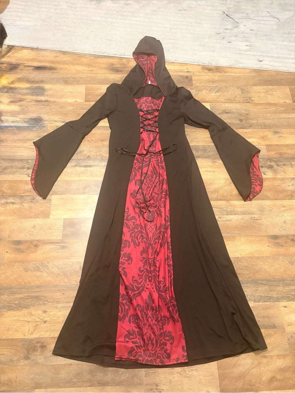 Women’s 2XL Gothic Hooded Medieval Renaissance Dress Black Red Lace-Up Witch Cos